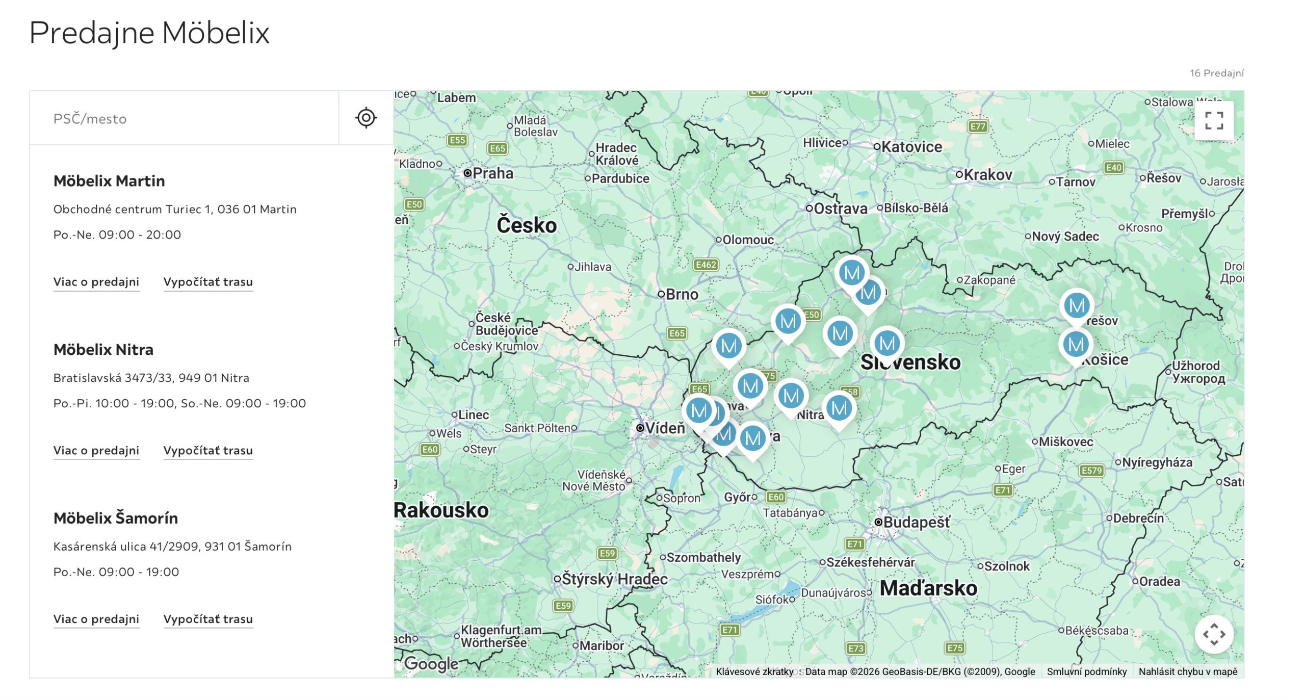 Mobelix.sk mapa pobočiek na Slovensku